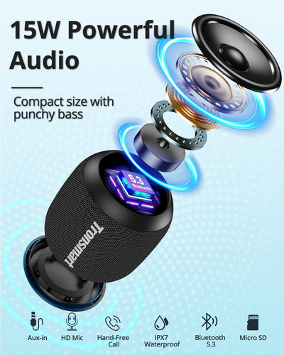 Tronsmart T7Mini Bluetooth Lautsprecher Musikbox mit Licht, 15W Stereo Bluetooth 5.3, IPX7 Wassersch