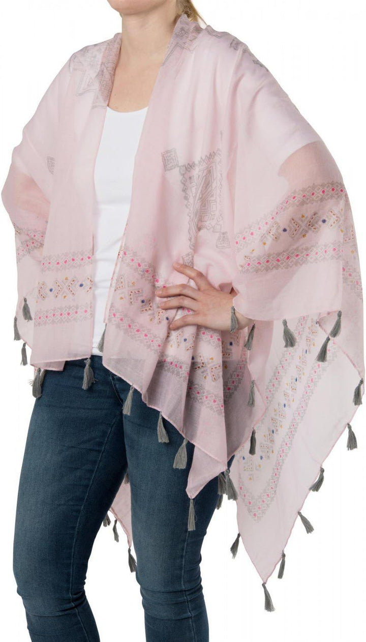 styleBREAKER Leichter Sommer Poncho mit Ethno Muster, Quasten, Strand, Boho Style, Damen 08010022, F