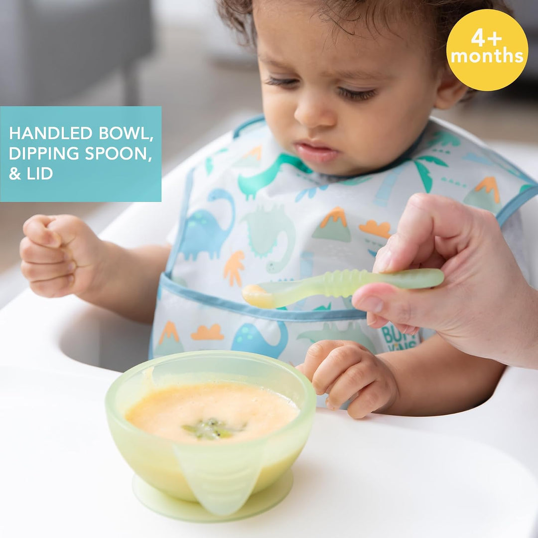 Bumkins - Erstes Baby Fütterungsset aus Silikon mit Saugnapf, Deckel und Löffel, Grün Jelly Green Je