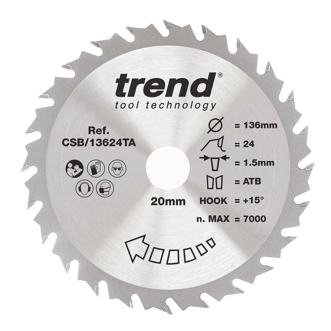 Trend CraftPro Sägeblatt - 136mm Durchmesser x 20mm Bohrung x 24 Zähne TCT für Akku-Sägen, CSB/13624
