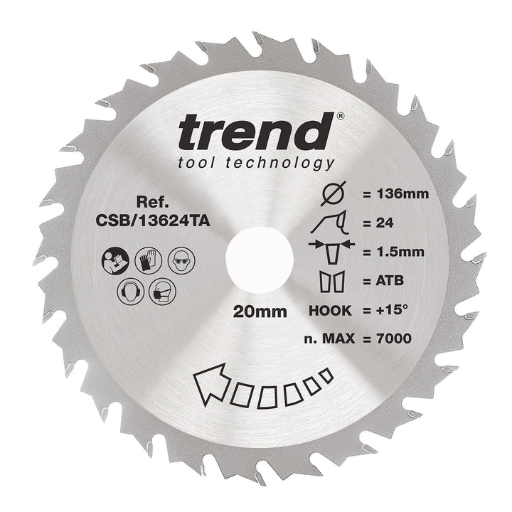 Trend CraftPro Sägeblatt - 136mm Durchmesser x 20mm Bohrung x 24 Zähne TCT für Akku-Sägen, CSB/13624