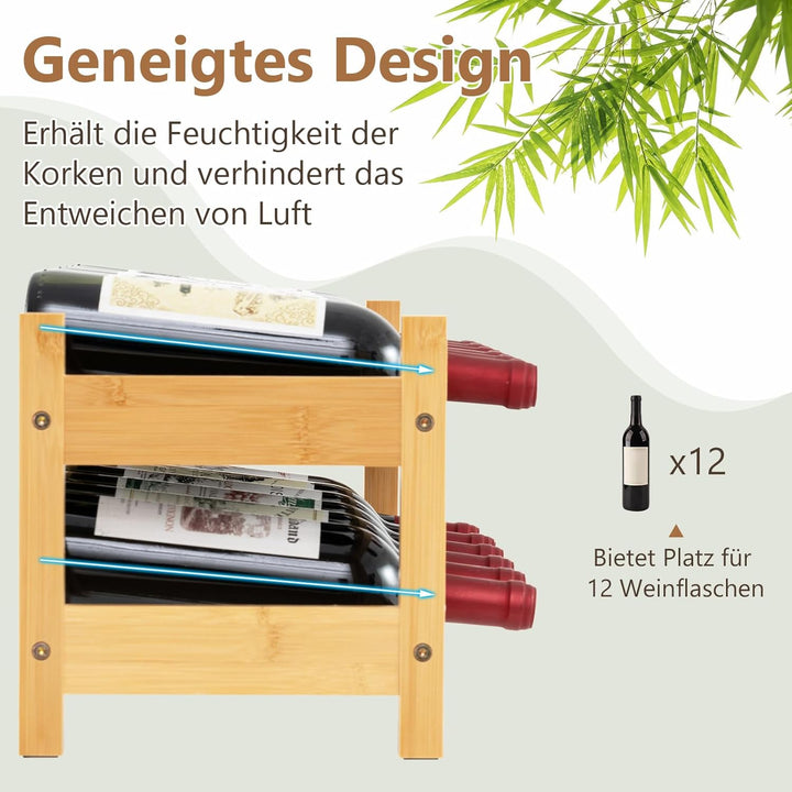 COSTWAY Weinregal Bambus für 12 Flaschen, Flaschenregal mit 2 Etagen, Flaschenhalter für Keller, Küc