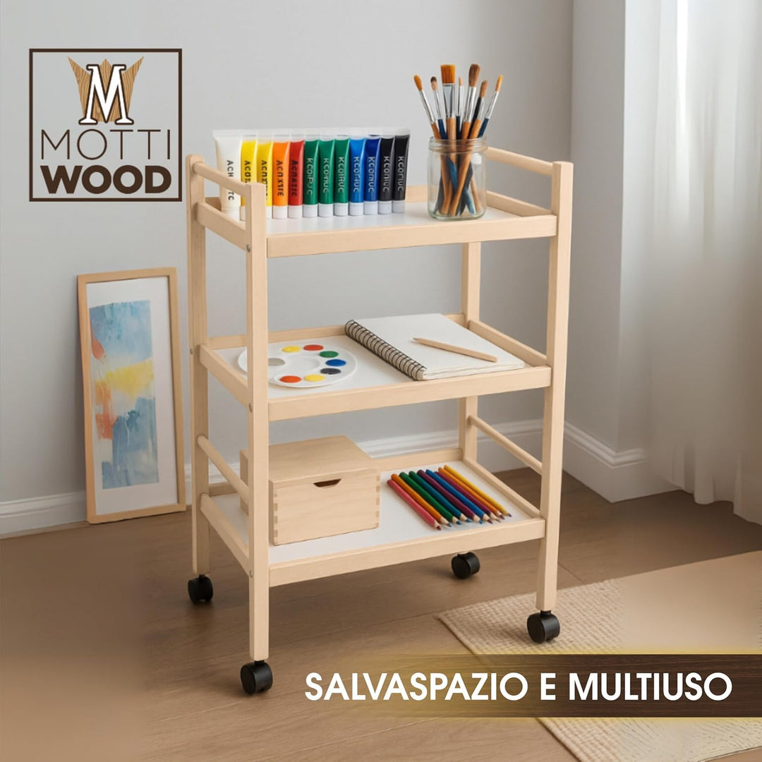 Mehrzweckwagen, 3 Ablagen, 100% Buchenholz, 28 x 40 x 64,5 cm, mit Rollen