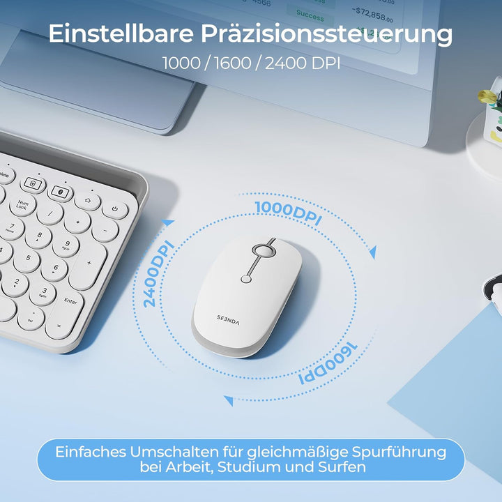 seenda MOU001 Bluetooth Maus, Leise, 3 Geräte Verbindung, Weiss-Silber | USB + Dual-Bluetooth, 3 DPI