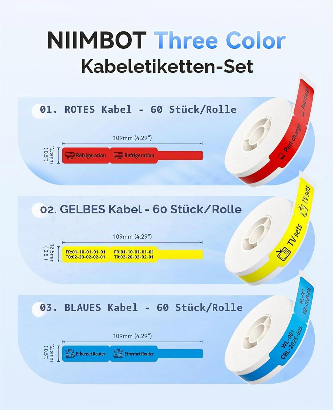 NIIMBOT Etiketten Selbstklebend, 12.5 x 109mm Thermo Etikettenband, Kompatibel mit D110 D11 D101 Eti