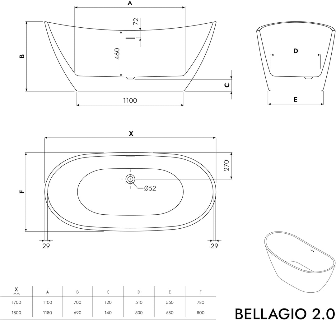 BERNSTEIN Freistehende Badewanne aus Sanitäracryl Standbadewanne Wanne mit Doppelwandiger Konstrukti