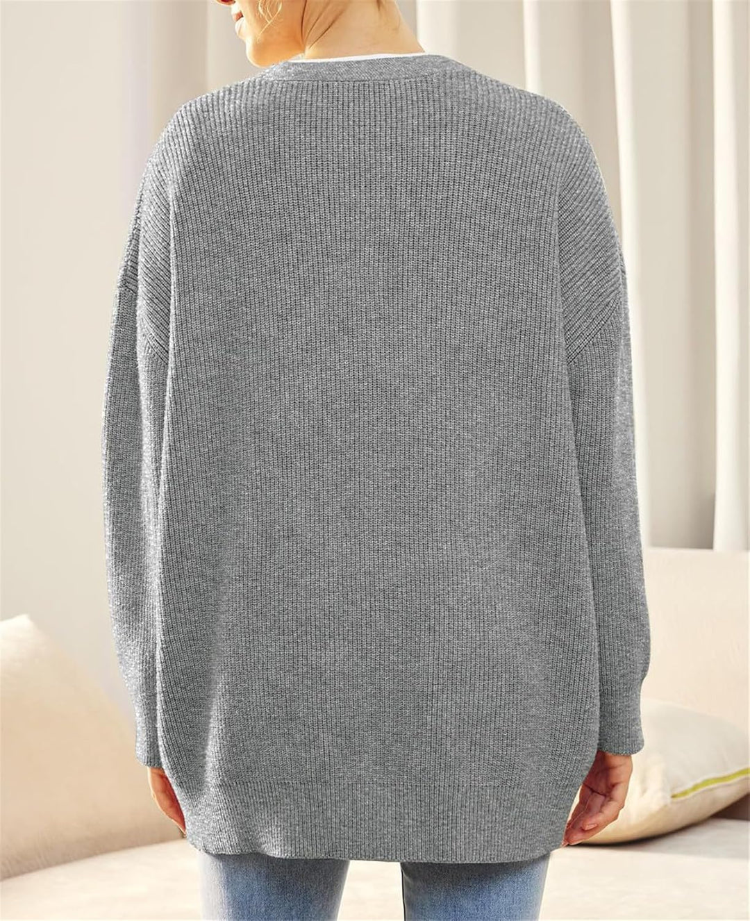 Damen Strickjacke Strick Outwear V-Ausschnitt Vorne Offen Leicht Lockere Pullover mit Knöpfen L Grau