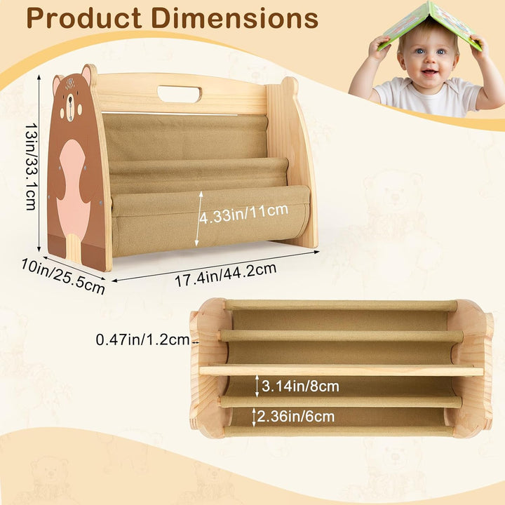 MHJY Bücherregal Kinder, doppelseitiges Holzregal mit robusten Canvas-Taschen, Montessori Stil, trag