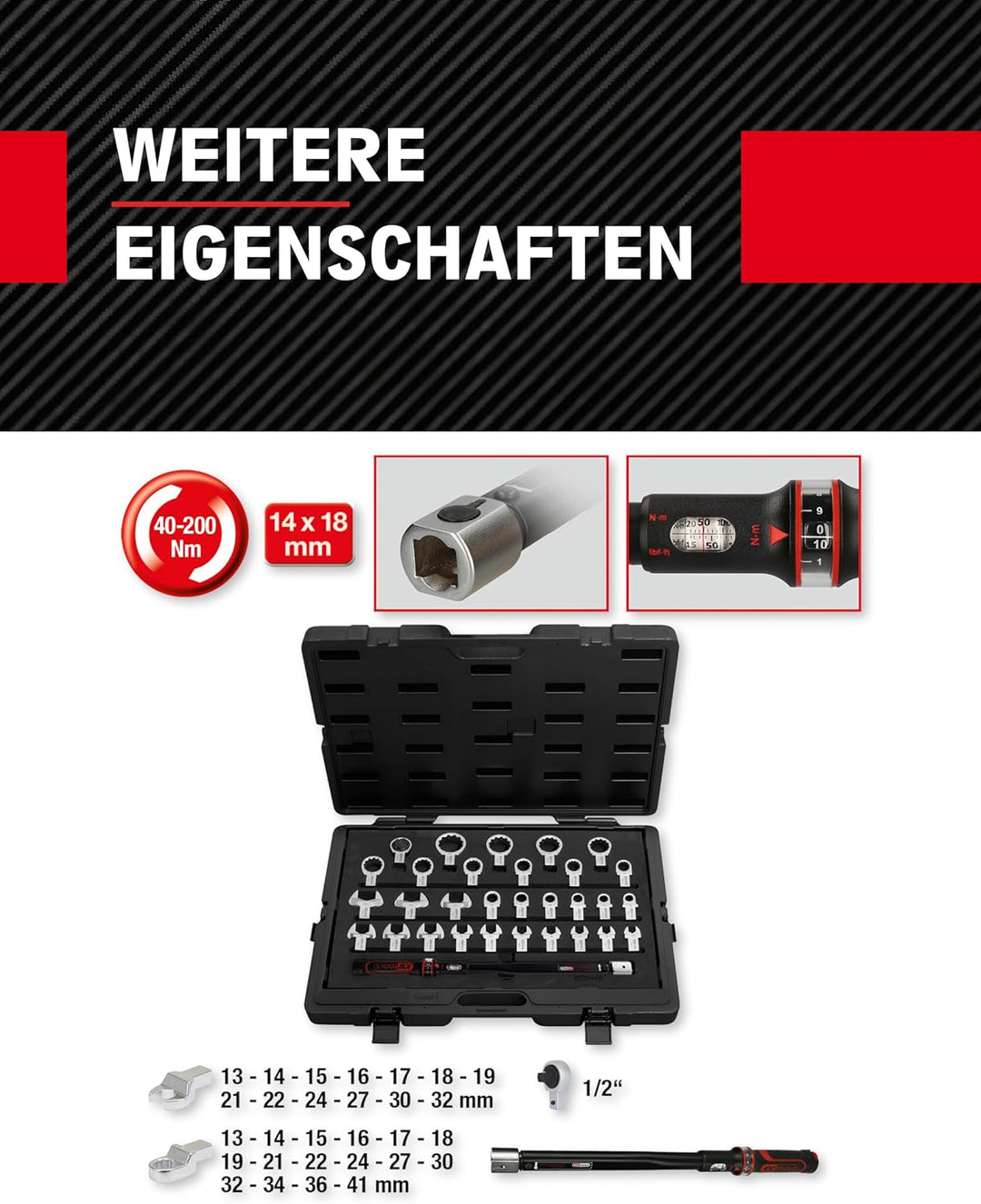 KS Tools Drehmoment Werkzeug-Satz für Drehmomentschlüssel 14x18 mm 516.1730 I 31-tlg. I 40-200 Nm I