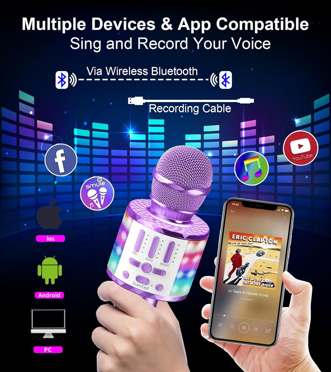 Karaoke Mikrofon, Drahtloses Bluetooth Mikrofon Kinder mit LED, Tragbares Karaoke Maschine zum Singe