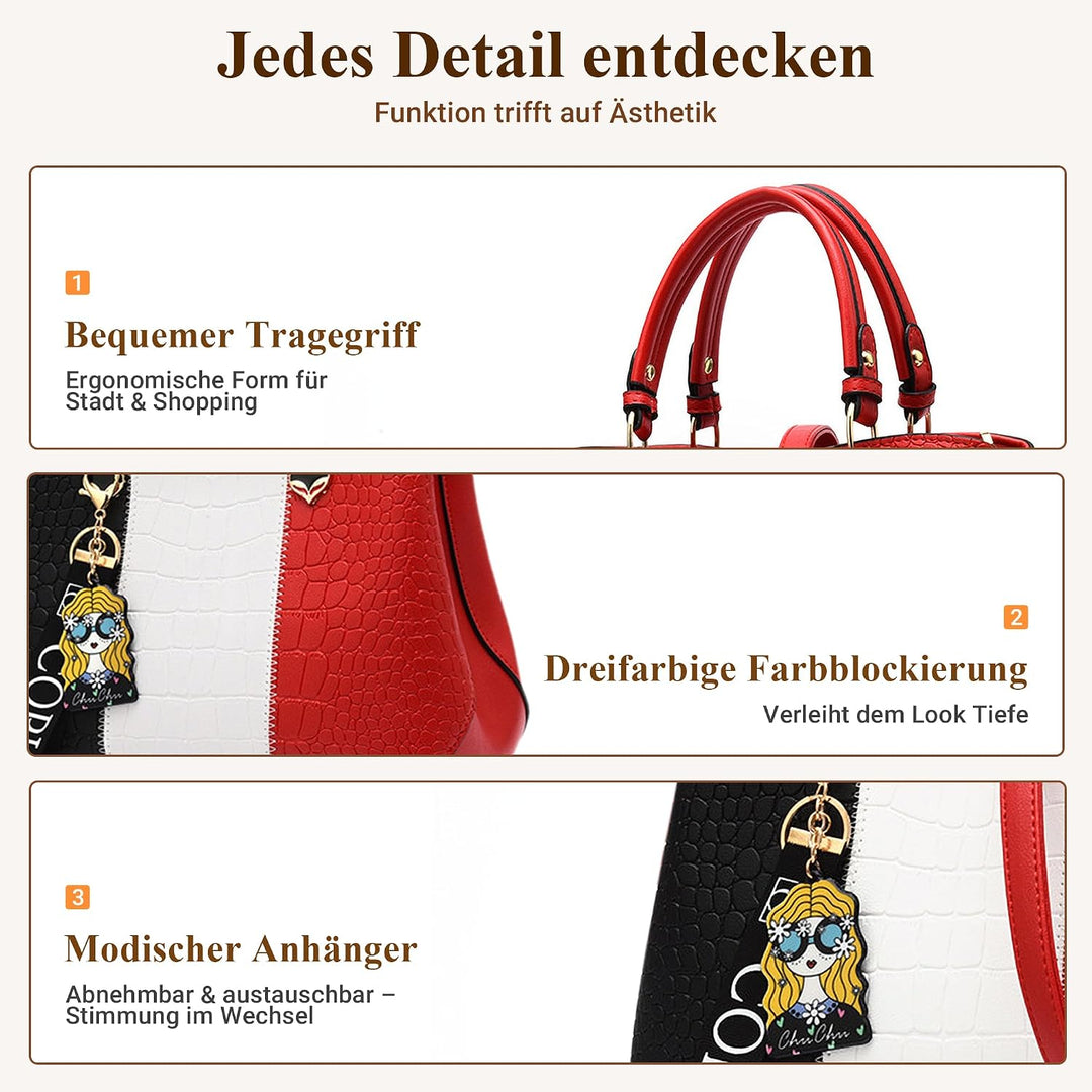 DIRRONA Damen Handtasche – PU Leder Handtasche mit Farbblock-Design und elegantem Anhänger, stilvoll