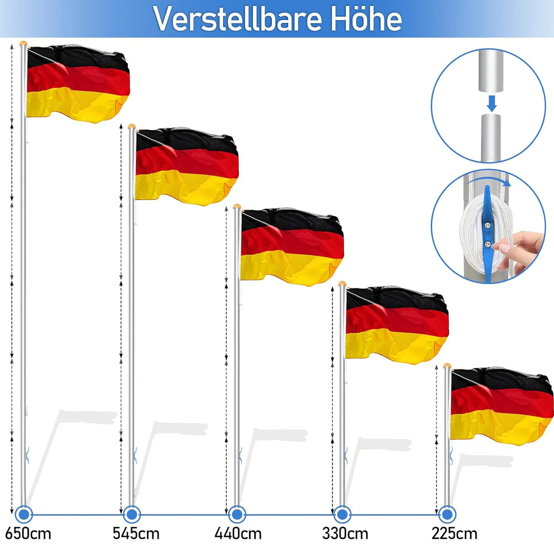 Jiubiaz Fahnenmast Aluminium Teleskop 6,50m, Fahnenstange Bodenhülse 50cm, inkl Deutschlandfahne, Hö