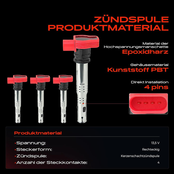 Frankberg 4x Zündspule Zündkerzen Satz Benzin Kompatibel mit A4 8E2 8EC 8K2 2002-2015 A5 8T3 2007-20