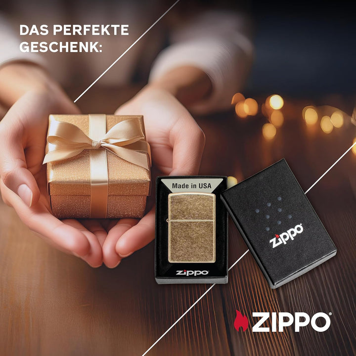 ZIPPO - Antique Brass - nachfüllbares Sturmfeuerzeug in hochwertiger Geschenkbox (Gold, Flammenmotiv