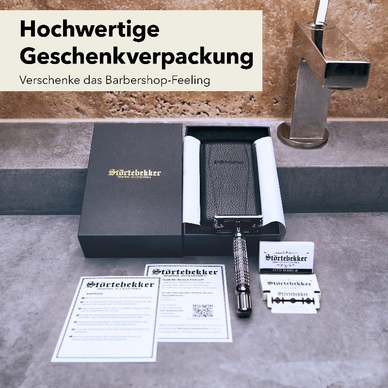 Störtebekker® Einstiegsset - mit Rasierhobel inkl. Etui (Schwarz) und 10 Klingen + 100 Extra Störteb