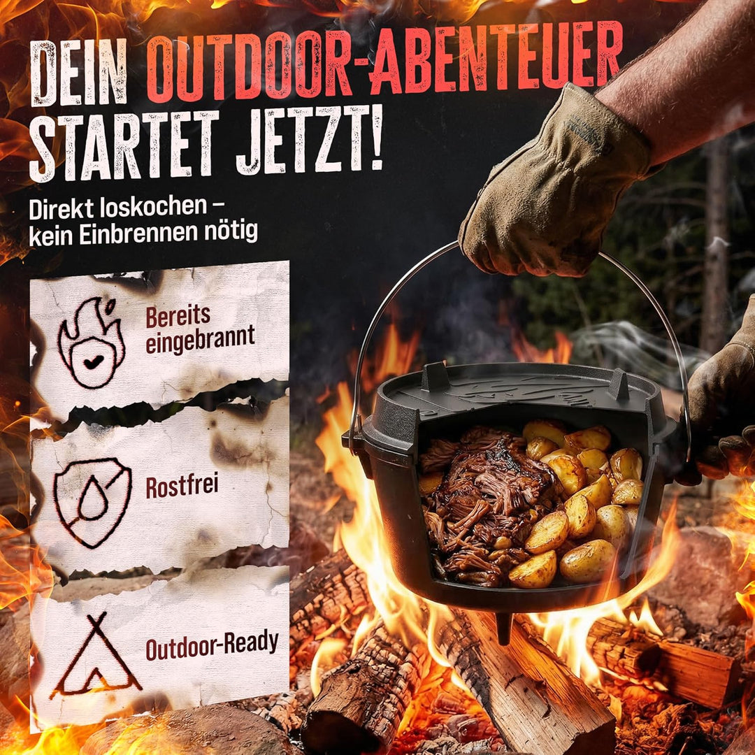AMZBBQ® Premium Dutch Oven – Doppelt Eingebrannter Gusseisen Feuertopf – Rostbeständiger Schmortopf