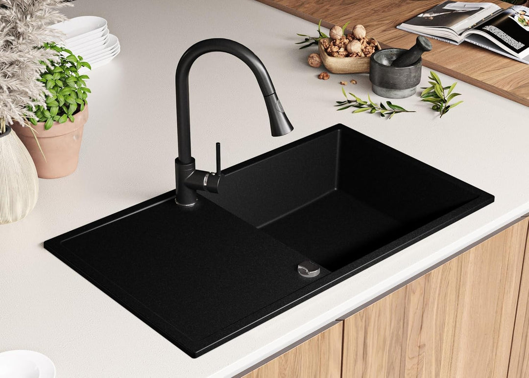 Granitspüle Schwarz 90x50 cm, Spülbecken 1 Becken XL + Ablauf-Set + Küchenarmatur 9050, Küchenspüle