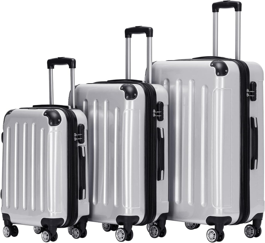 BEIBYE- 3er Kofferset Hartschalen-Koffer Reisekoffer Trolley Rollkoffer Set Reisekofferset (Silber),