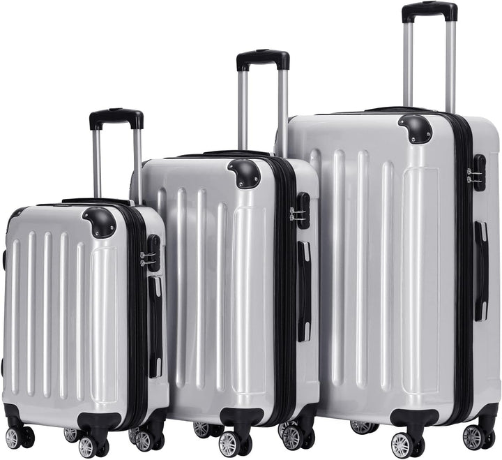 BEIBYE- 3er Kofferset Hartschalen-Koffer Reisekoffer Trolley Rollkoffer Set Reisekofferset (Silber),