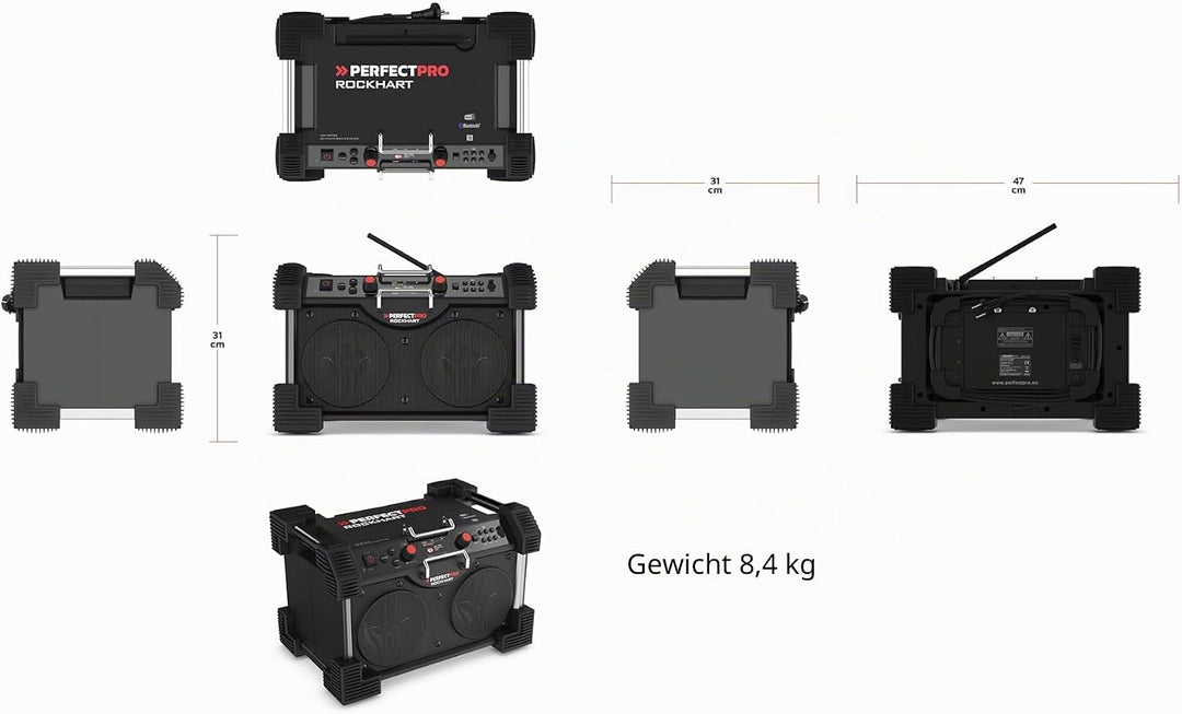 PerfectPro Baustellenradio ROCKHART, DAB+ und UKW-Empfang, Bluetooth, AUX und USB-Eingang, Inklusive
