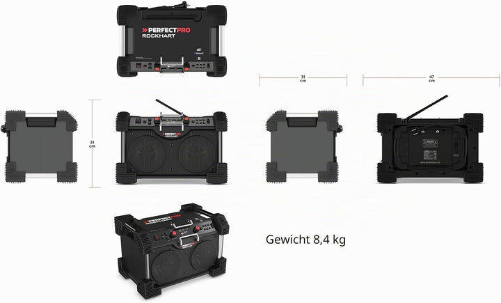 PerfectPro Baustellenradio ROCKHART, DAB+ und UKW-Empfang, Bluetooth, AUX und USB-Eingang, Inklusive