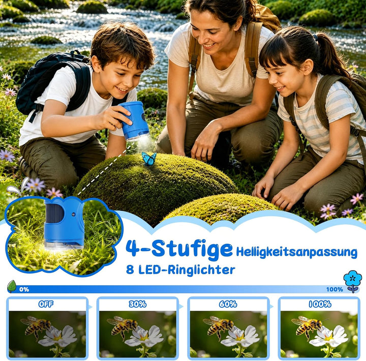Digitales Mikroskop für Kinder 1000X, Abenteurer Mikroskop für Kinder mit 2 Zoll HD-Bildschirm, 8 LE