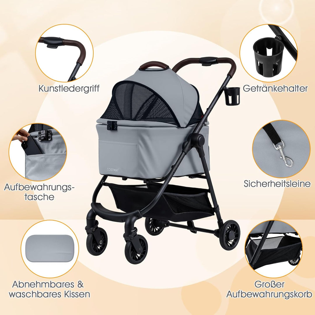 COSTWAY 3 in 1 Hundewagen, Hundebuggy mit verstellbarem Netzdach & Korb & Getränkehalter, Haustiere