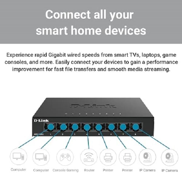 D-Link DGS-108GL 8-Port Unmanaged Gigabit Switch (ohne Lüfter, Low Profile Metallgehäuse, Desktop, P
