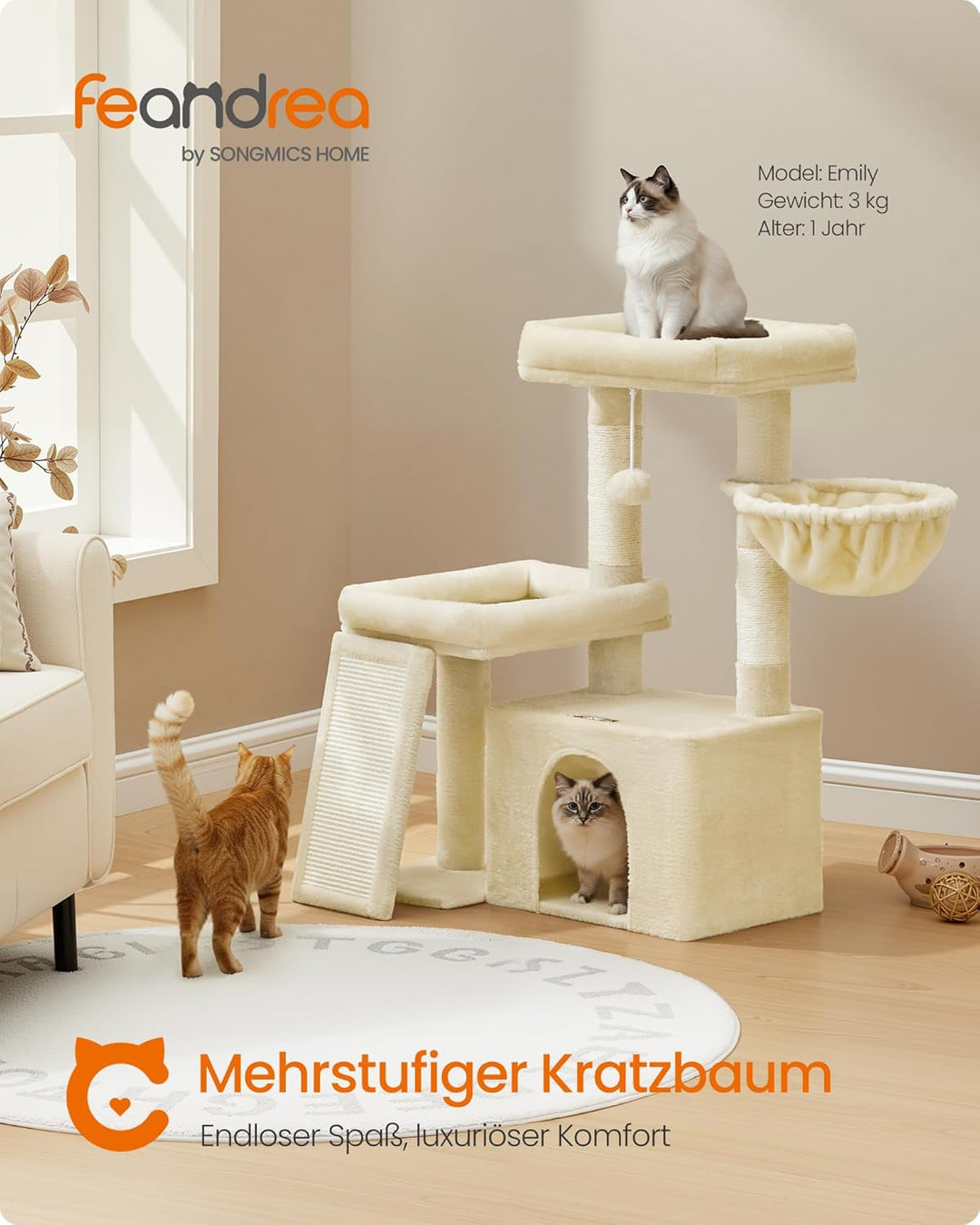 Feandrea Kratzbaum, Katzenbaum mit Kratzsäulen, Rampe, Katzenkratzbaum, 2 grosse Plattformen, Höhle