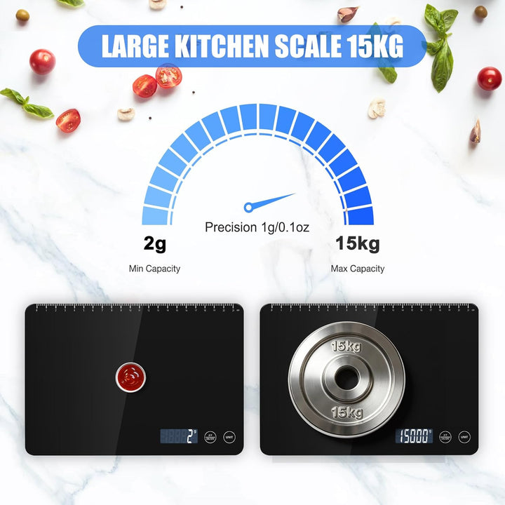Grosse Digitale Küchenwaage 15kg, Lebensmittelwaage mit 1g Genauigkeit, Anpassbare Auto-Abschaltung