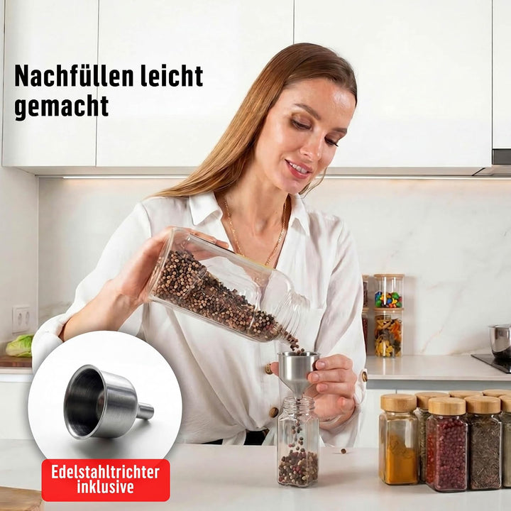 Deco haus® Gewürzgläser eckig mit Schraubkappe 36er Set [+Etiketten &amp; Streueinsatz] - Gewürzdosen Se