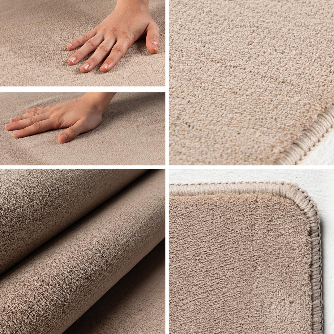 Waschbarer Teppich Wohnzimmer, Kurzflor rutschfest Flauschig Weich, Einfarbig Beige, Felloptik, Supe