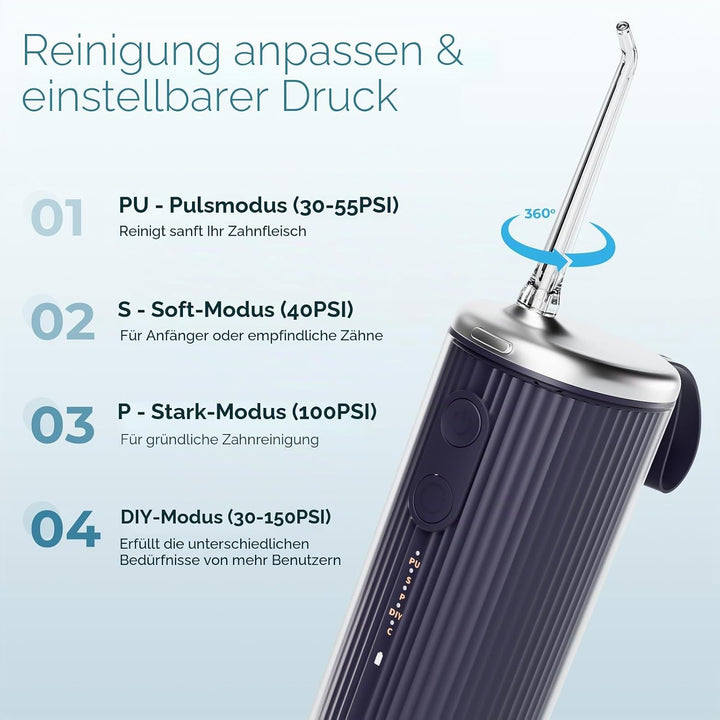 CARER BEAUTY Munddusche mit Selbstreinigungsmodus, Tragbare Munddusche mit 4 Modi und 5 Düsen IPX7 w