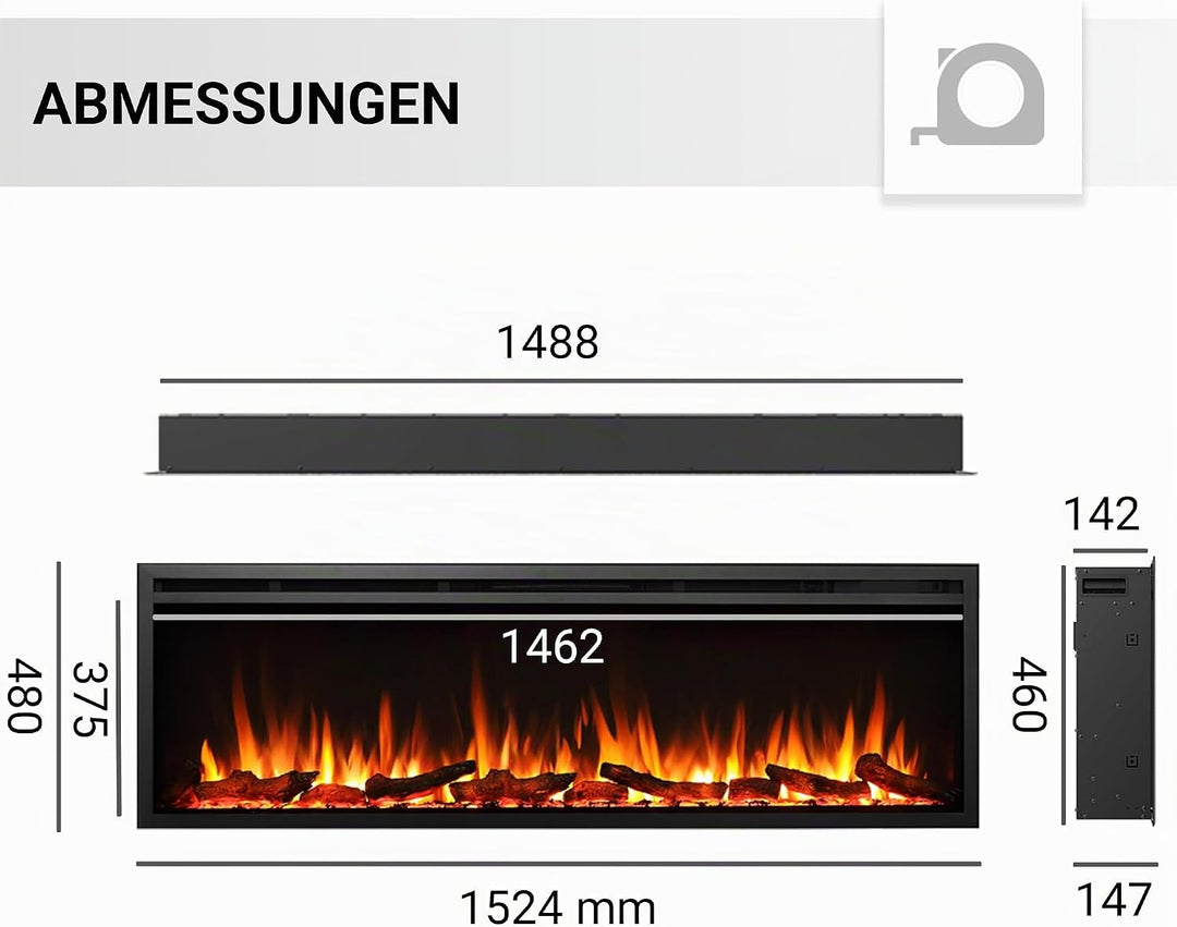 CrownFlame Atalanta 60" Elektrokamin - Elektrischer Einbaukamin mit Heizung 1000/2000 W, realistisch