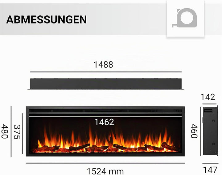 CrownFlame Atalanta 60" Elektrokamin - Elektrischer Einbaukamin mit Heizung 1000/2000 W, realistisch