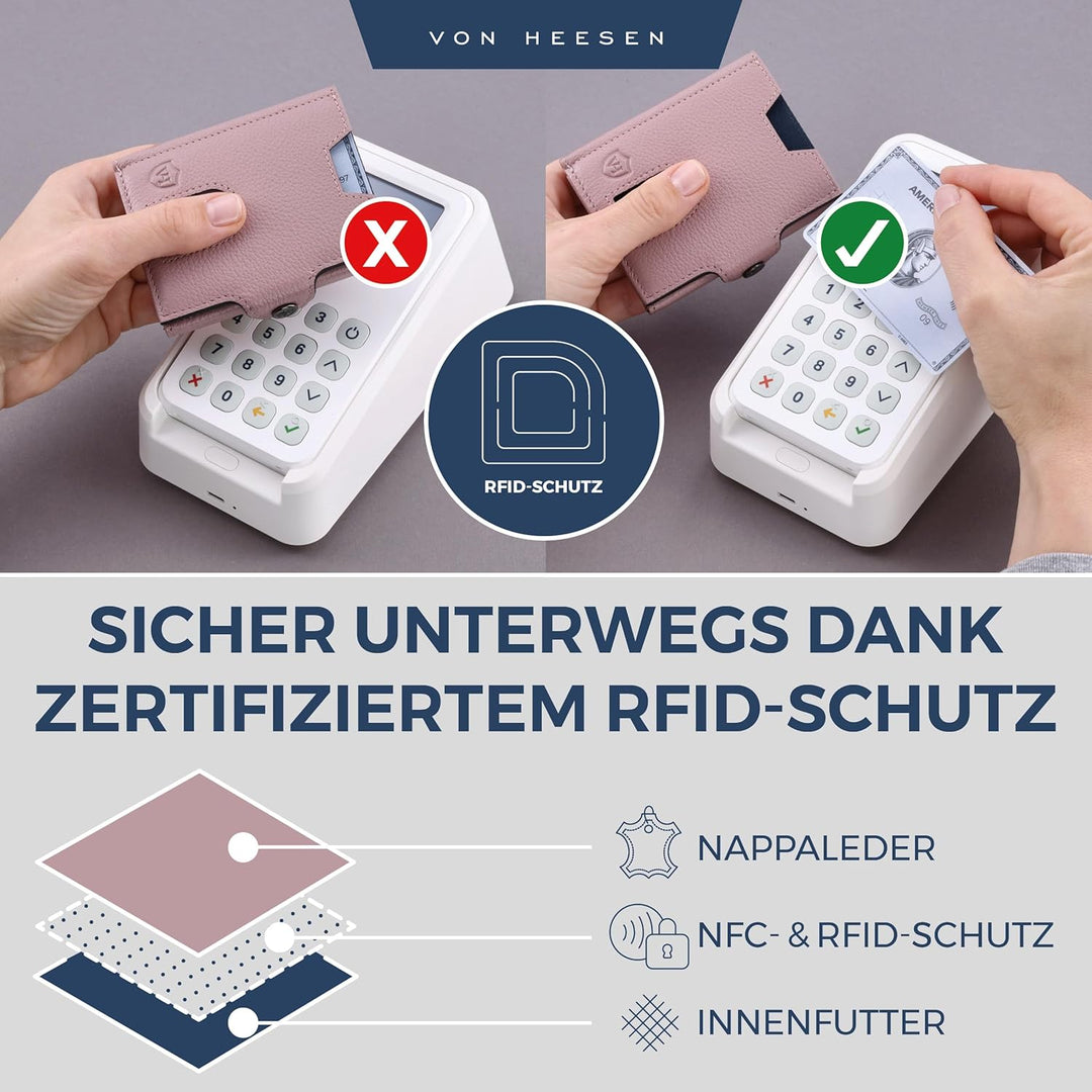 VON HEESEN Slim Wallet mit Münzfach &amp; RFID Schutz - Geldbörse Herren klein - Mini Geldbeutel Damen P