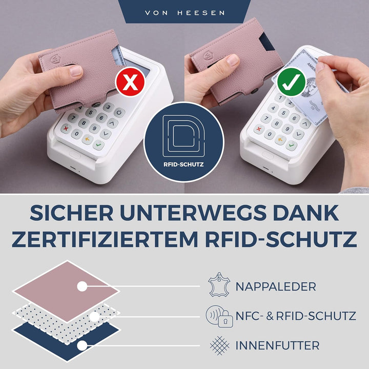 VON HEESEN Slim Wallet mit Münzfach &amp; RFID Schutz - Geldbörse Herren klein - Mini Geldbeutel Damen P