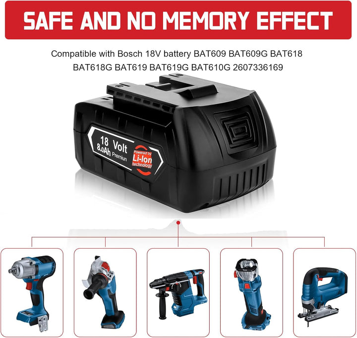 2X 18V 8.0Ah/8000mAh Ersatzakku für Bosch akku + Ladegerät für 14,4V-18V BAT618 BAT618G BAT609 BAT60