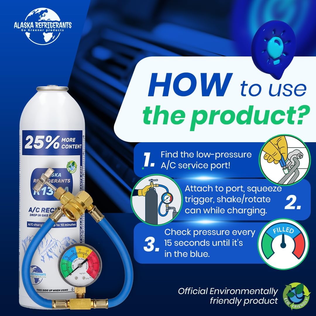 Alaska Refrigerants R134a Ersatzkältemittel für Fahrzeuge + Dichtmittel + Schlauch &amp; Manometer