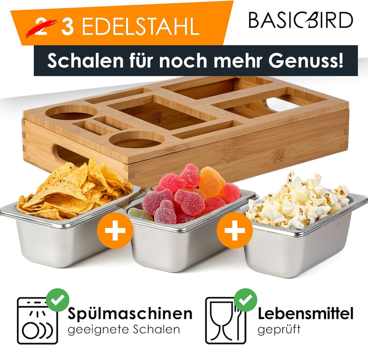 BASICBIRD® Couchbar Snackbox - Organizer Tablett- Snackspender mit 3X Snackschale - Holz Sofatablett