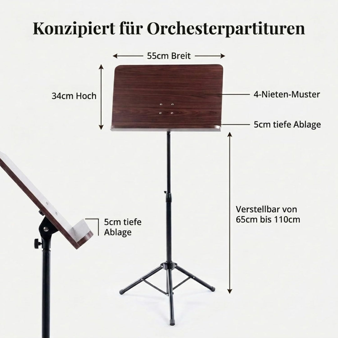 Classic Cantabile Orchesterpult Rosenholz - Robustes Stativ mit grosser Notenablage - Edle Optik in