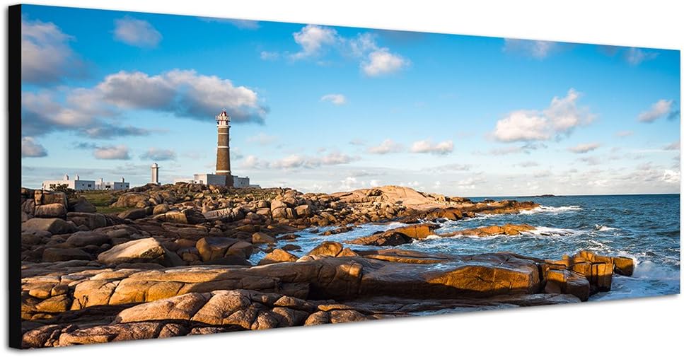 Paul Sinus Art Panoramabild auf Leinwand und Keilrahmen 150x50cm Uruguay Meer Küste Felsen Leuchttur