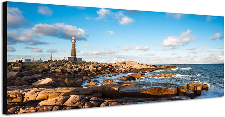 Paul Sinus Art Panoramabild auf Leinwand und Keilrahmen 150x50cm Uruguay Meer Küste Felsen Leuchttur