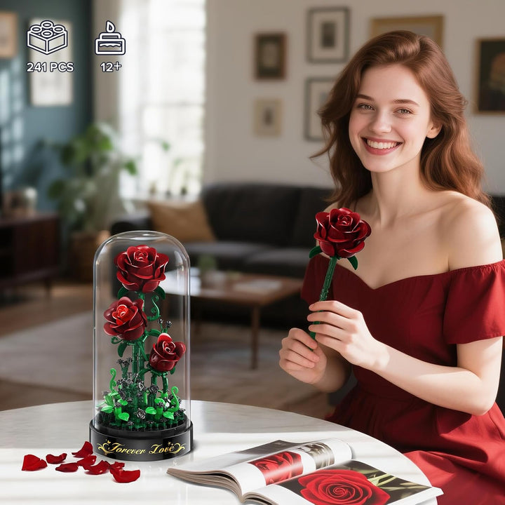 Blumen Rosen Bausatz mit LED Licht, 241 Teile Burgunderrot Rosenstrauss, 3.6MM Blumenstrauss Baustei
