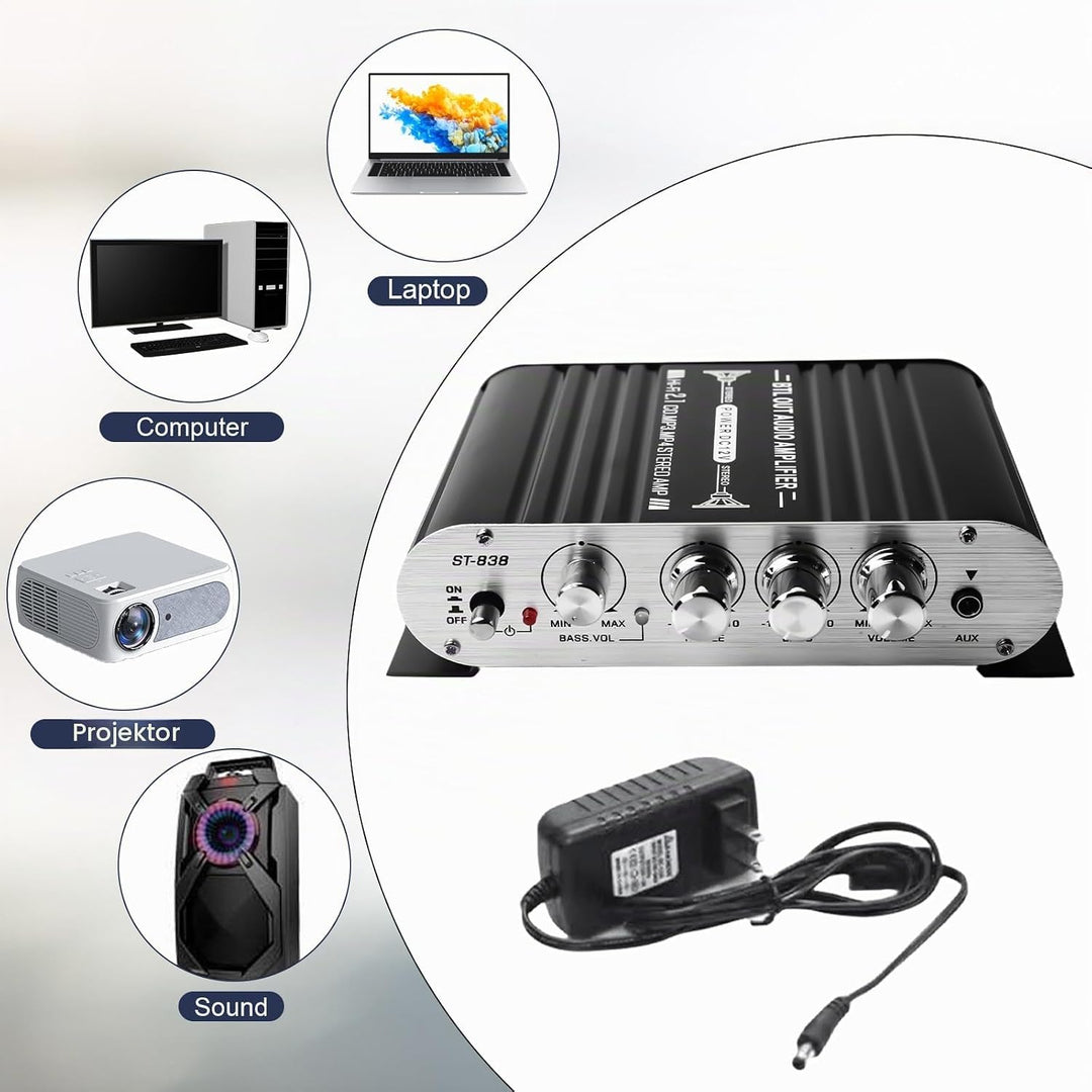 Leikurvo HiFi-Verstärker, 2.1CH Stereo Verstärker, RMS 20Wx2+40W ST-838 Mini Hifi Verstärker Subwoof