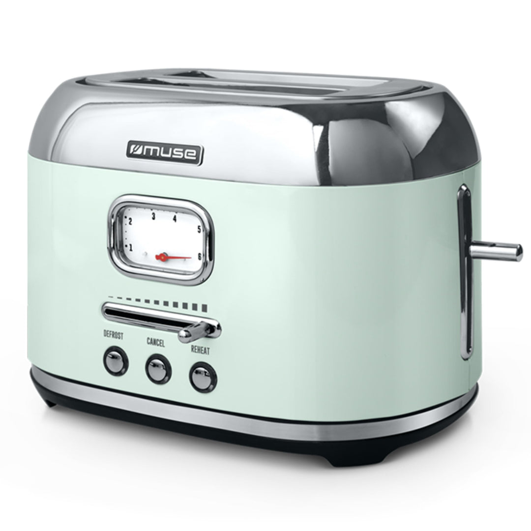 Muse Retro Toaster, 2 Scheiben, 6 Bräunungsstufen, analoge Anzeige, beleuchtete Tasten, Krümelschubl