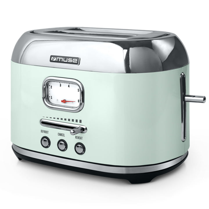 Muse Retro Toaster, 2 Scheiben, 6 Bräunungsstufen, analoge Anzeige, beleuchtete Tasten, Krümelschubl