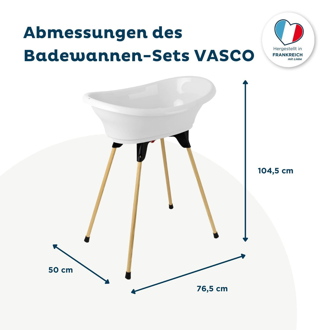 THERMOBABY - Babybadewanne-Set – Vasco – Badewanne, Fuss aus Holz & Ablaufschlauch – patentierte Inn