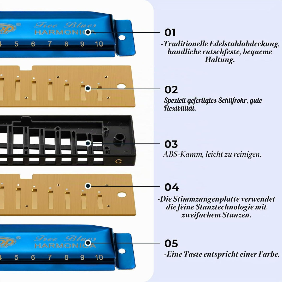 East Top 7 Tasten Mundharmonikaset verpackt, 10 Löcher T003 Professional Diatonic Blues Harmonica se
