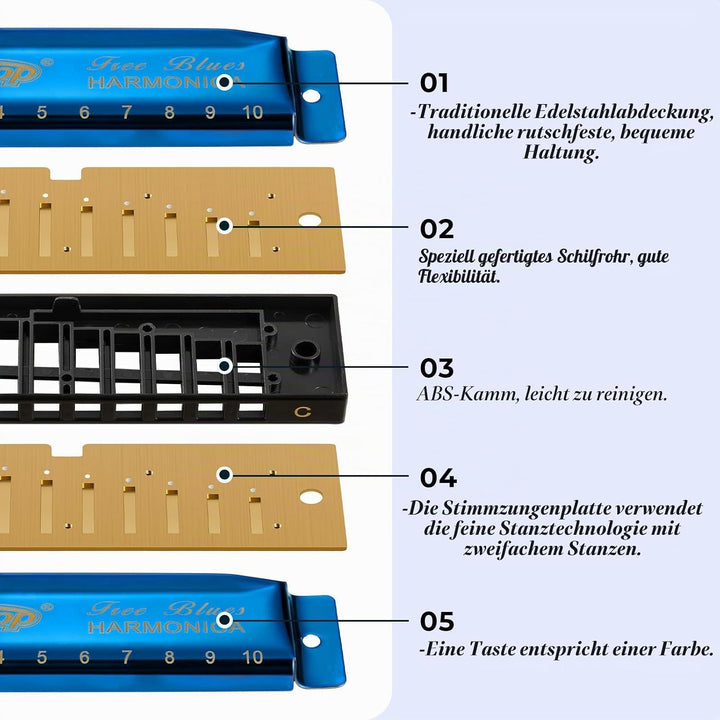 East Top 7 Tasten Mundharmonikaset verpackt, 10 Löcher T003 Professional Diatonic Blues Harmonica se